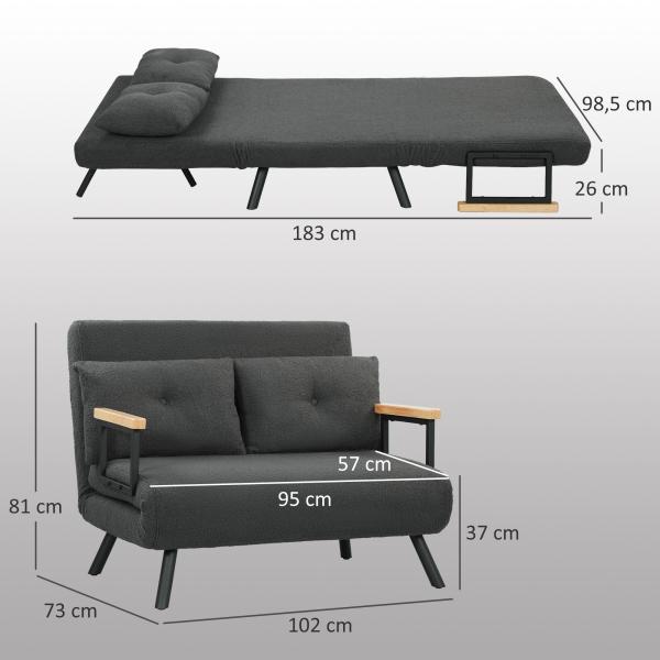 Sofá Cama Sofá Convertível em Cama de 2 Lugares Dobrável com Encosto Ajustável em 5 Níveis e 2 Almofadas 102x73x81 cm Cinza