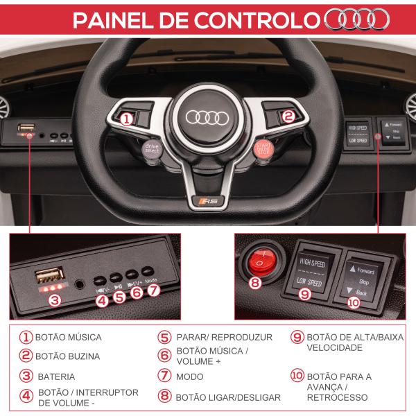 Carro Elétrico Audi TT para Crianças acima de 3 Anos com Controlo Remoto Música e Luzes Bateria 12V 102x60x44 cm Branco