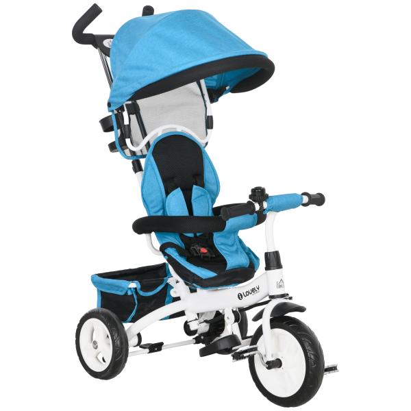 Triciclo Evolutivo para Bebés de +12 Meses 2 em 1 com Toldo Dobrável Guiador Cinto de Segurança e Cesto 95x50x106 cm Azul