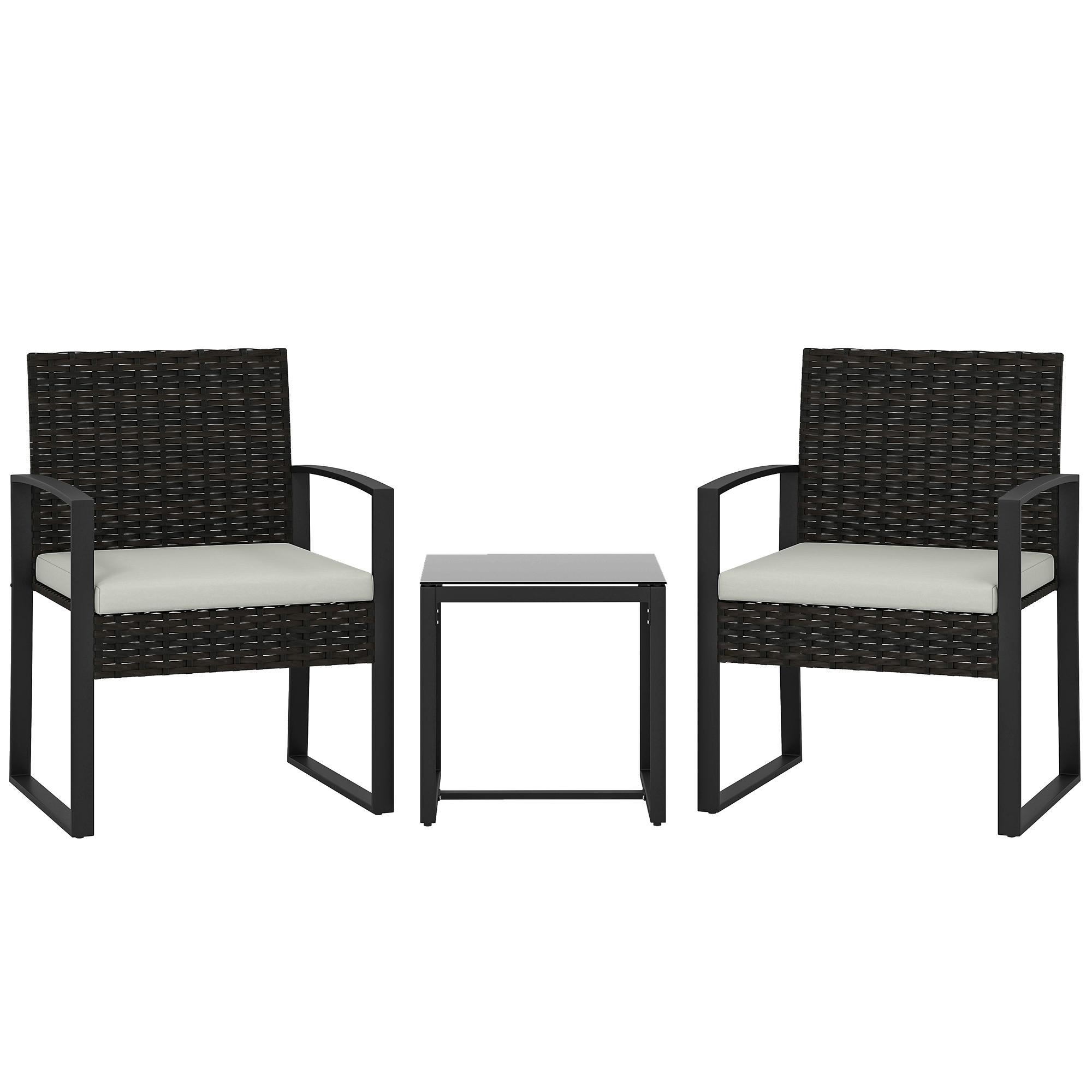 Conjunto de Móveis de Exterior de 3 Peças em Vime PE com Cadeiras Mesa de Vidro Temperado e Almofadas Marrom e Creme