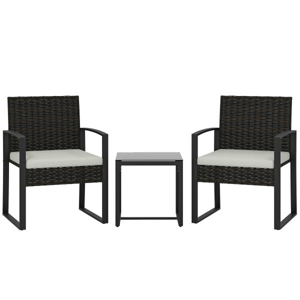 Conjunto de Móveis de Exterior de 3 Peças em Vime PE com Cadeiras Mesa de Vidro Temperado e Almofadas Marrom e Creme