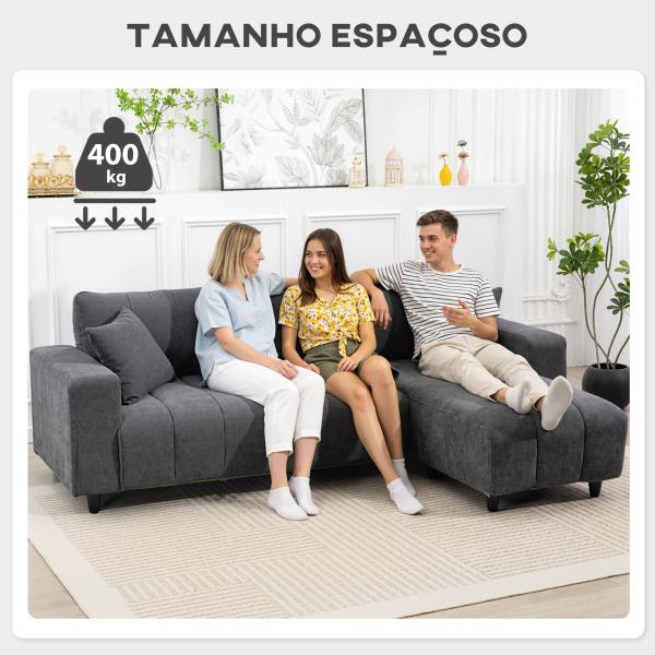 Sofá Chaise Longue Reversível 3 Lugares com 2 Almofadas Estofado em Linho e Estrutura em Aço 242x156x87 cm Cinzento Escuro