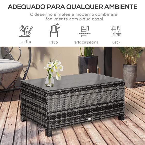 Mesa de Jardim em Vime Sintético Mesa Auxiliar com Vidro Temperado para Terraço Pátio, Varanda 85x50x39 cm Cinzento