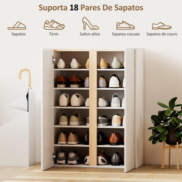 Sapateira de 6 Níveis com 2 Portas em Branco Brilhante com Fechamento Suave e Prateleiras Ajustáveis 70x33,5x95 cm Branco