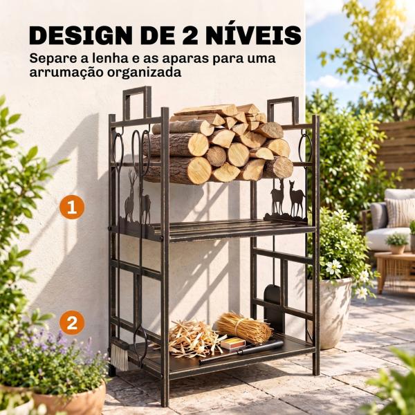 Suporte para Lenha de Ferro Forjado de 2 Níveis com 4 Ferramentas para Interior e Exterior 51,5x33x77 cm Preto e Dourado