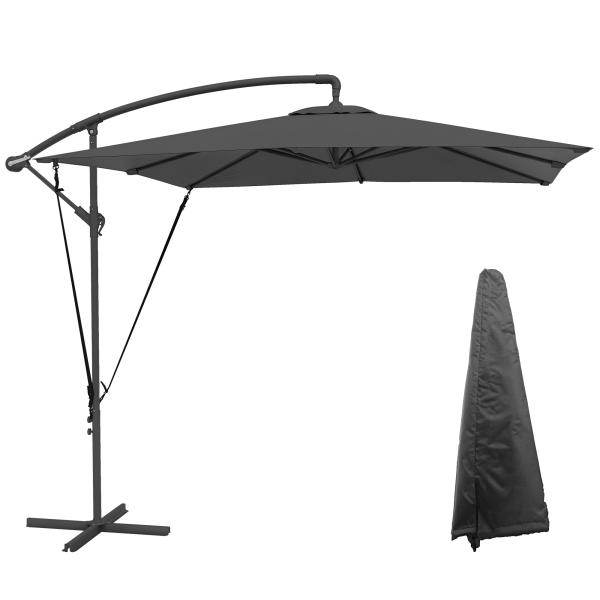 Chapéu de Sol Excêntrico 247x247 cm com Base Cruzada, Manivela, Capa Protetora e Cobertura Giratória 360°, Cinzento Escuro