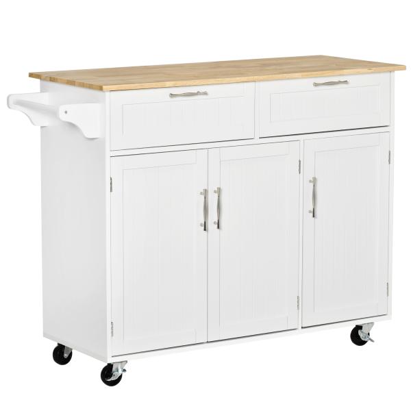 Carrinho de Cozinha com Rodas 2 Gavetas 3 Portas Prateleiras Ajustáveis e Barra para Sala de Jantar 121x46x91 cm Branco