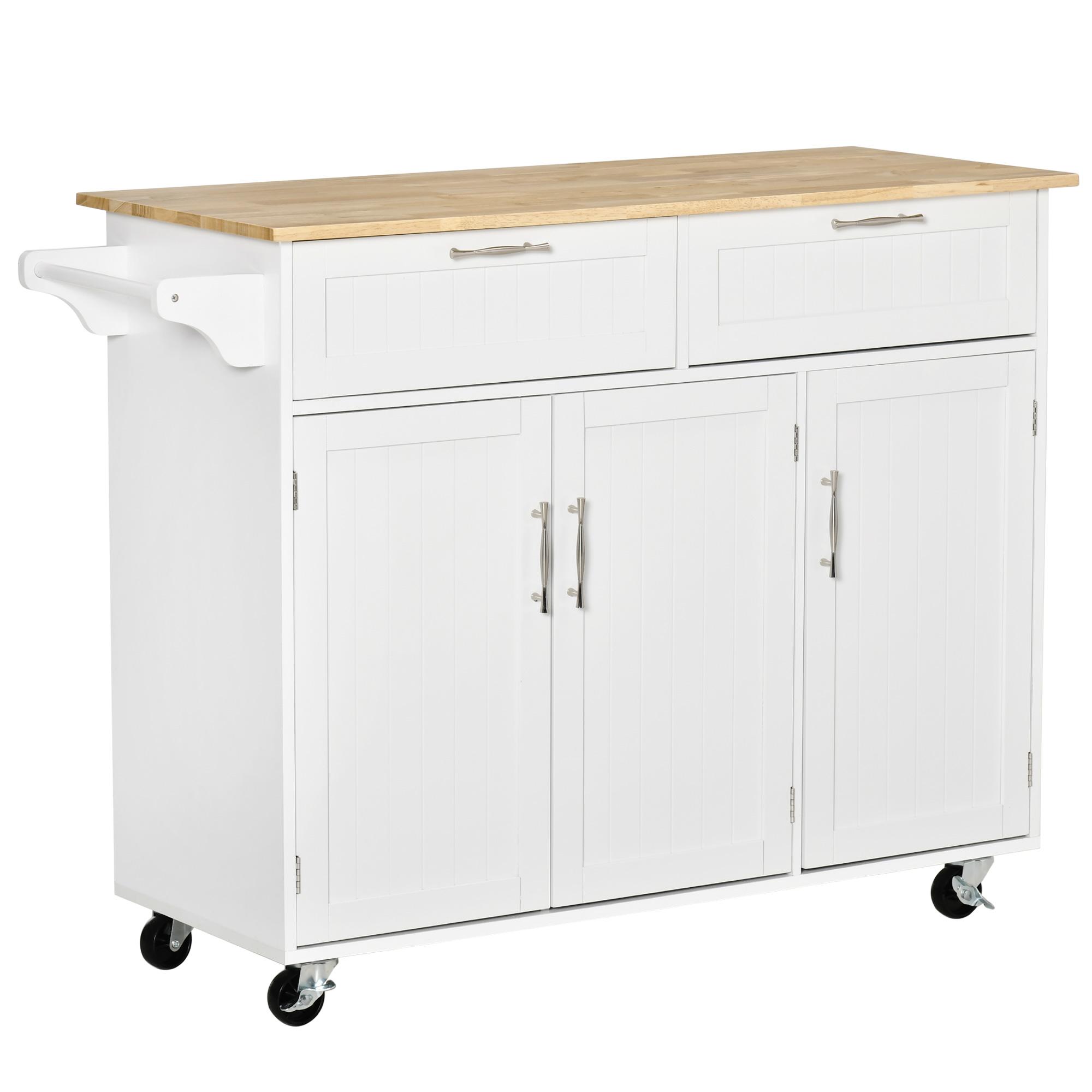 Carrinho de Cozinha com Rodas 2 Gavetas 3 Portas Prateleiras Ajustáveis e Barra para Sala de Jantar 121x46x91 cm Branco