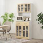 Aparador de Cozinha com 4 Portas de Vidro Bancada Aberta para Micro - Ondas 80x40x180 cm Branco e Madeira