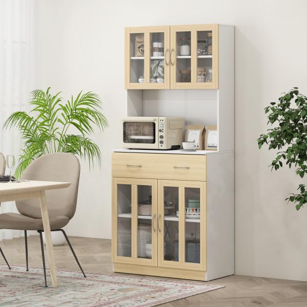 Aparador de Cozinha com 4 Portas de Vidro Bancada Aberta para Micro - Ondas 80x40x180 cm Branco e Madeira