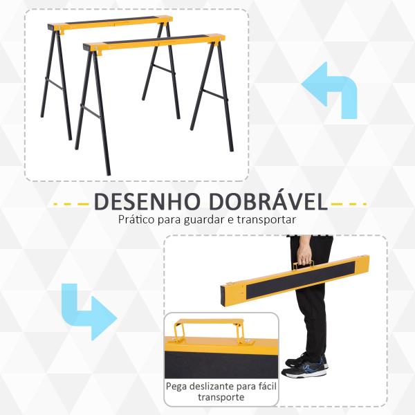 Cavalete de Serra com Patas Dobráveis Cavalete Metálico 2 Peças com Asa Tapete Antiderrapante Máx. 250kg Aço