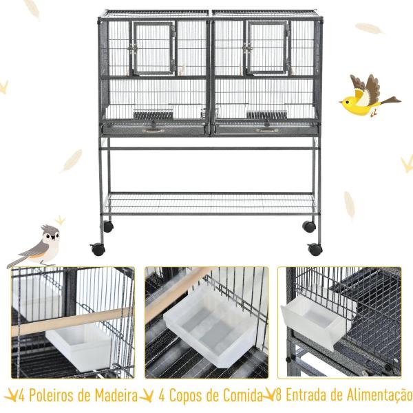 Gaiola de pássaro pequeno com 2 bandejas 4 alimentadores 4 poleiros 95x45,5x102 cm