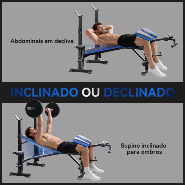 Banco de Musculação com Encosto Ajustável e Suporte para Barras Regulável para Treino em Casa Ginásio 175x139x127 cm Preto e Azul