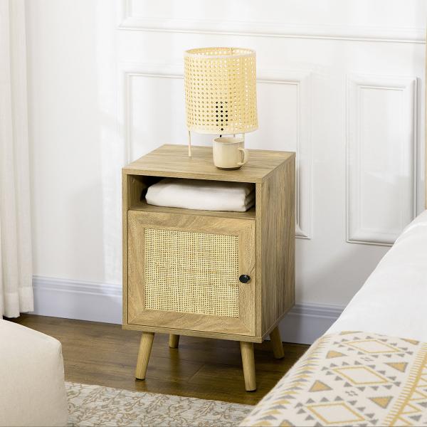 Mesa de Cabeceira com Porta de Vime e Compartimento Aberto Mesa Auxiliar para Dormitório Sala de Estar 39x35x60cm Madeira