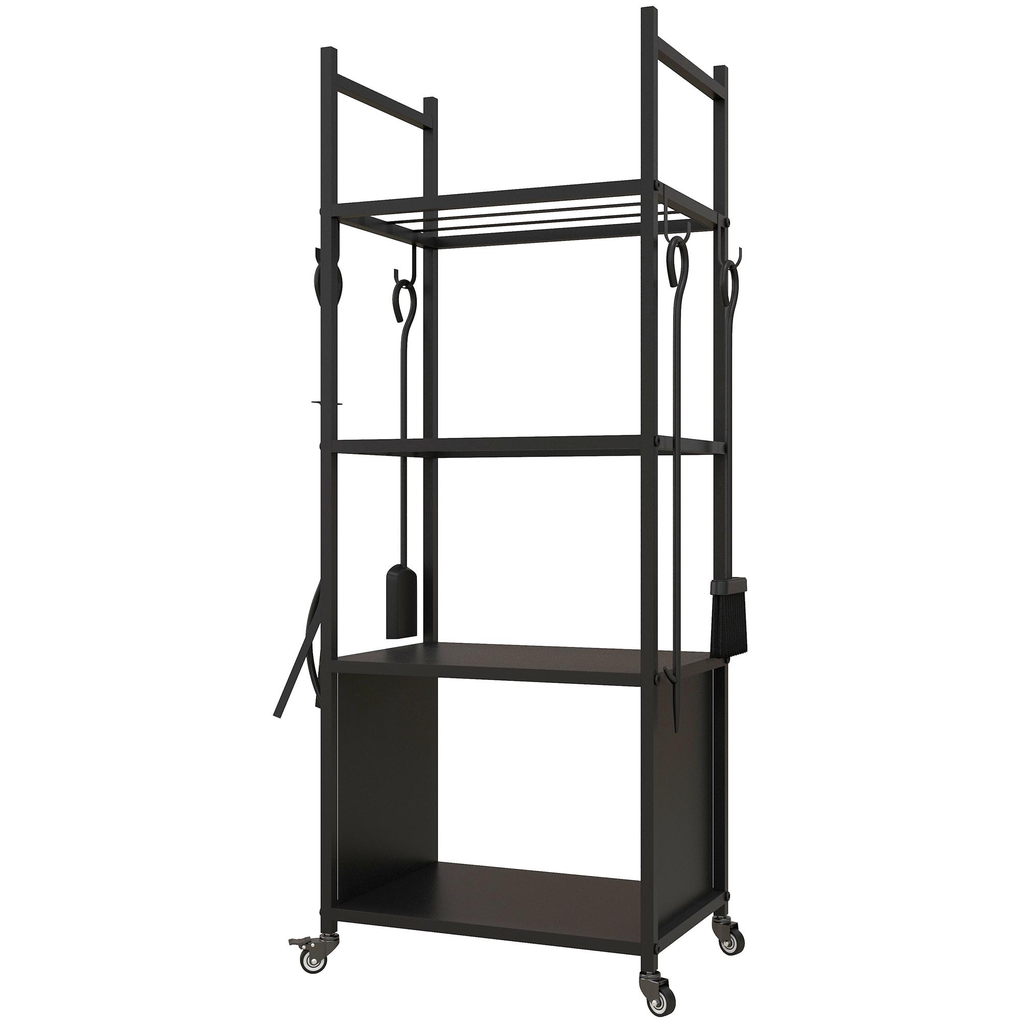 Suporte para Lenha com Rodas de 4 Níveis com Pá Escova Atiçador e Tenaz para Interior e Exterior 45x30x118 cm Preto