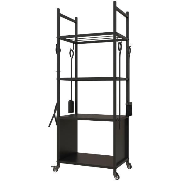 Suporte para Lenha com Rodas de 4 Níveis com Pá Escova Atiçador e Tenaz para Interior e Exterior 45x30x118 cm Preto