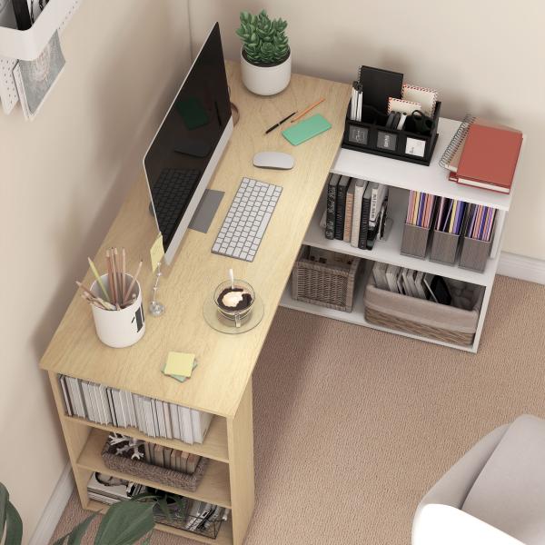 Mesa de Computador Secretária Mesa de Canto Giratória 360° com 5 Prateleiras 120x110x74,5 cm Madeira e Branco