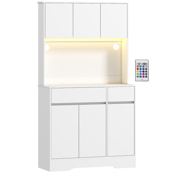 Armário de Cozinha com Luz LED RGB, Bancada para Micro - ondas, 6 Portas, 2 Gavetas, Prateleiras Ajustáveis e Comando à Distância, Branco