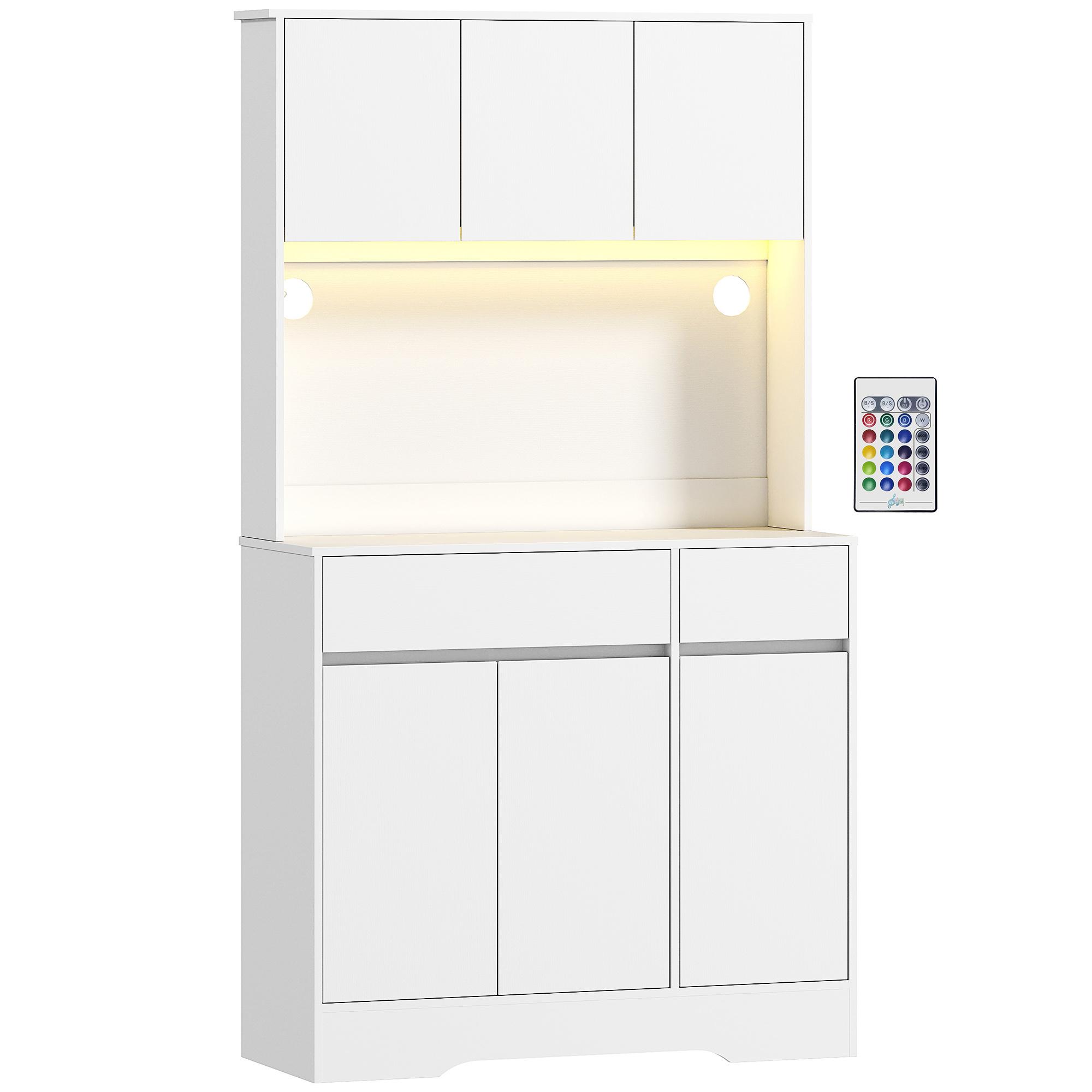 Armário de Cozinha com Luz LED RGB, Bancada para Micro - ondas, 6 Portas, 2 Gavetas, Prateleiras Ajustáveis e Comando à Distância, Branco