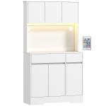 Armário de Cozinha com Luz LED RGB, Bancada para Micro - ondas, 6 Portas, 2 Gavetas, Prateleiras Ajustáveis e Comando à Distância, Branco