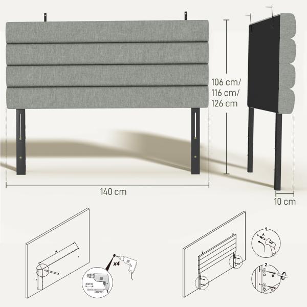 Cabeceira de Cama 140 cm Altura Ajustável em 3 Níveis 106/116/126 cm Estofada em Linho Cinza