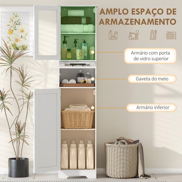 Coluna Casa de Banho com Porta de Vidro Prateleiras Ajustáveis Gaveta para Espaços Pequenos 40x31x170 cm Branco