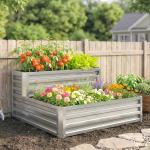 Caixa de Cultivo de 2 Níveis em Aço Galvanizado com Design em Escada e Fundo Aberto 120x101x58 cm Prata