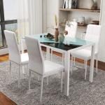 Conjunto de Refeição com Mesa Retangular de Vidro Temperado e 4 Cadeiras Estofadas em PU com Pés de Metal Branco