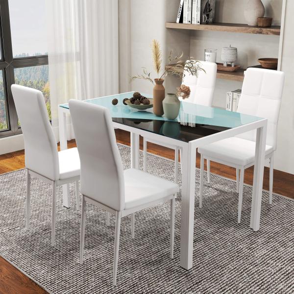 Conjunto de Refeição com Mesa Retangular de Vidro Temperado e 4 Cadeiras Estofadas em PU com Pés de Metal Branco
