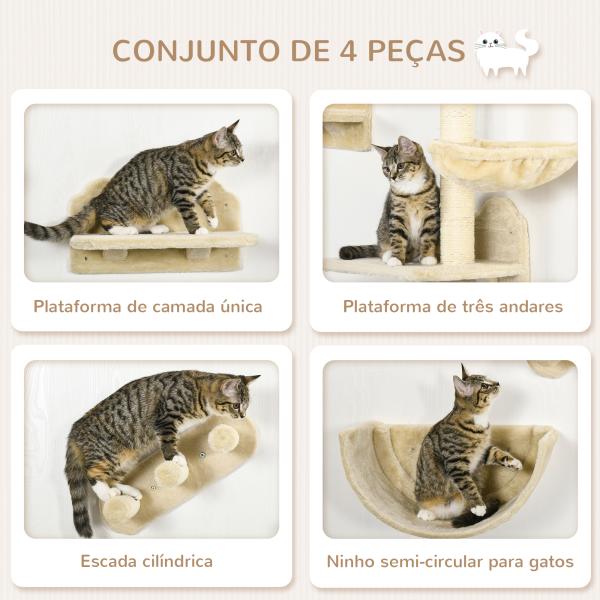Prateleiras de Parede para Gatos 4 Peças com Rede Plataforma Semicircular Plataformas de Salto e Poste de Sisal Bege