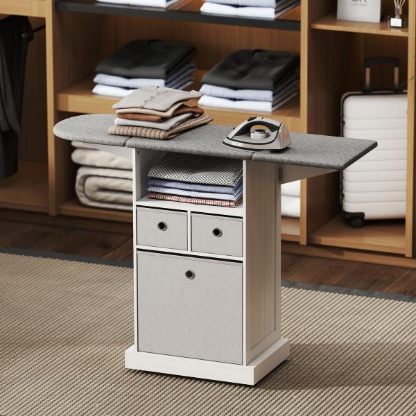 Móvel para Engomar Roupa com Rodas Tábua de Engomar Dobrável com 3 Gavetas Compartimento Aberto 121x37x89,5 cm Branco