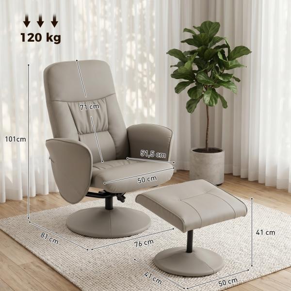 Cadeira Relax Reclinável com Otomana Encosto Alto Giratória 360° Apoios de Braços Bege Cinzento
