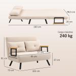 Sofá Cama Convertível 2 Lugares Dobrável com Encosto Ajustável em 5 Níveis e 2 Almofadas 102x73x81 cm Bege Creme