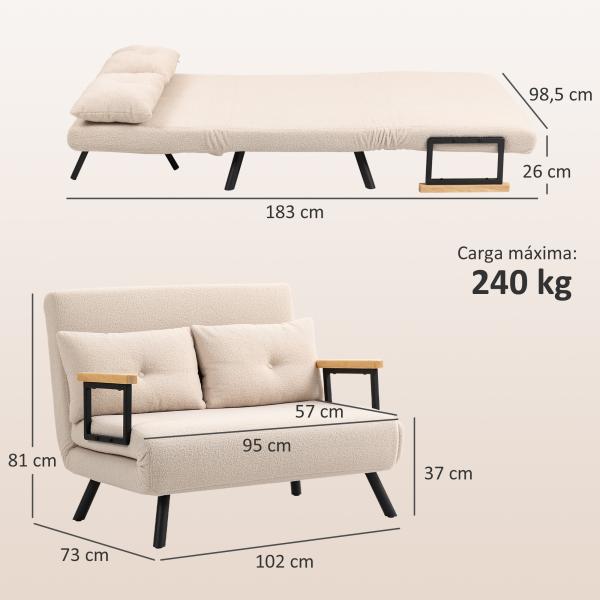 Sofá Cama Convertível 2 Lugares Dobrável com Encosto Ajustável em 5 Níveis e 2 Almofadas 102x73x81 cm Bege Creme