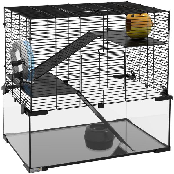 Gaiola para Hamster com Fundo de Vidro Plataformas Comedouro Bebedouro Casa Rampas e Roda de Exercício 60x40x54,5 cm Preto