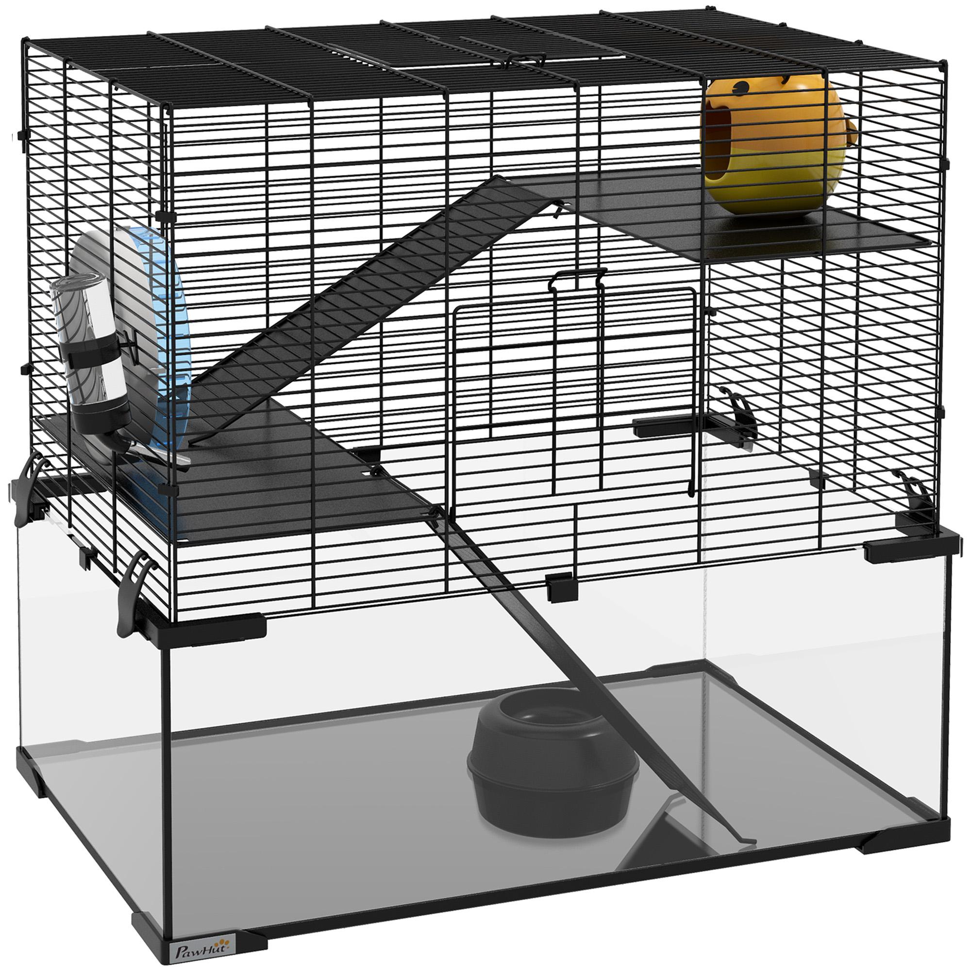 Gaiola para Hamster com Fundo de Vidro Plataformas Comedouro Bebedouro Casa Rampas e Roda de Exercício 60x40x54,5 cm Preto