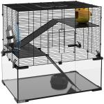 Gaiola para Hamster com Fundo de Vidro Plataformas Comedouro Bebedouro Casa Rampas e Roda de Exercício 60x40x54,5 cm Preto