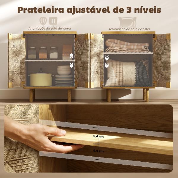 Aparador Boémio de 2 Portas com Corda Tecida à Mão Prateleira Ajustável Abertura por Pressão 60x40x78 cm Carvalho