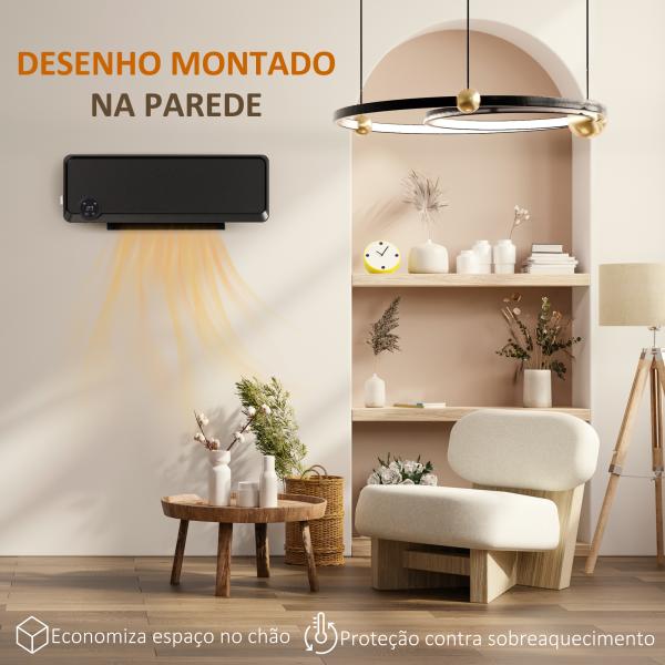 Aquecedor Cerâmico de Parede 1000W/2000W com Controle Remoto Tela LED Temporizador de 12h Termostato 56x18,5x11,7 cm Preto