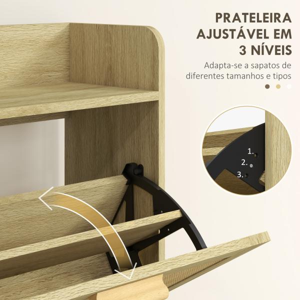 Móvel Sapateira de Entrada com 2 Gavetas Basculantes e 1 Prateleira Aberta para 18 Pares de Sapatos 80x24,5x110 cm Carvalho