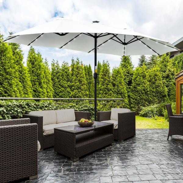 Chapéu de Sol Duplo com 48 Luzes LED 4,5x2,65 m Manivela Proteção Solar para Terraço Jardim Piscina Creme