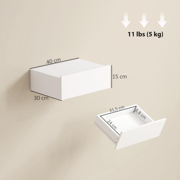 Conjunto de 2 Mesas de Cabeceira de Parede Mesas de Cabeceira Flutuantes com 1 Gaveta para Quarto 40x30x15 cm Branco