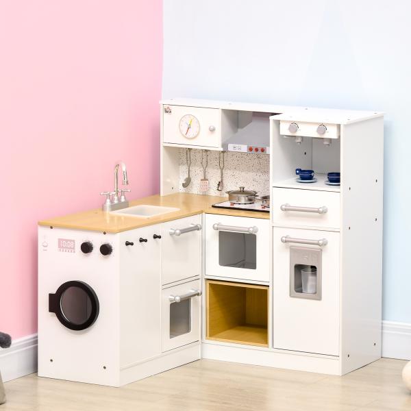 Cozinha Infantil de Madeira Cozinha para Crianças acima de 3 Anos com Luz Sons Máquina de Café Frigorífico Lavatório Branca