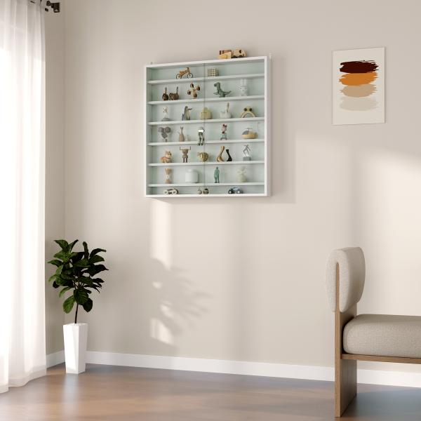 Vitrina de Parede em Madeira com Prateleiras Ajustáveis e 2 Portas Deslizantes de Vidro 80x9,5x83 cm Branco