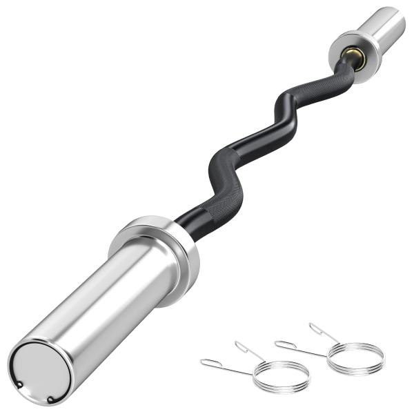 Barra de Pesos de Aço 120 cm Barra Curl EZ Ø50 mm com 2 Grampos Carga 100 kg Barra Olimpica para Discos de Ø5 cm Prata e Preto