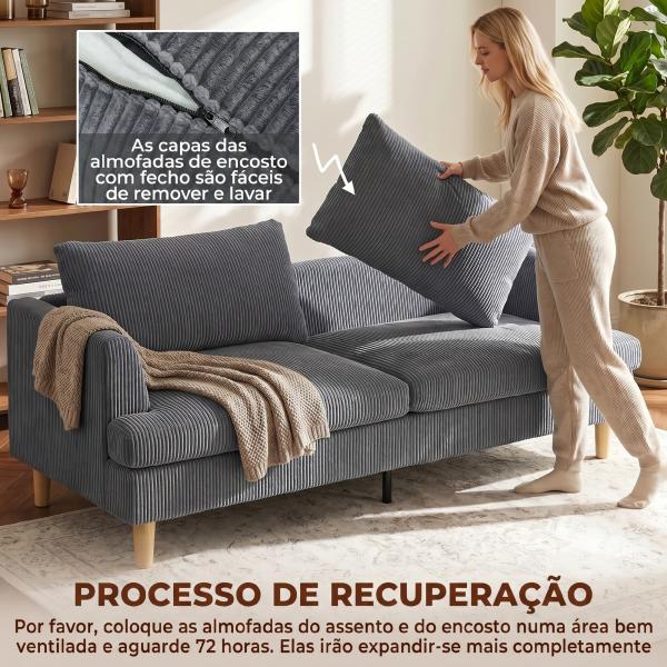 Sofá de 3 Lugares Revestido em Veludo Almofadas Espessas com Molas Assento Largo 2 Almofadas 188x80x86 cm Cinzento Escuro