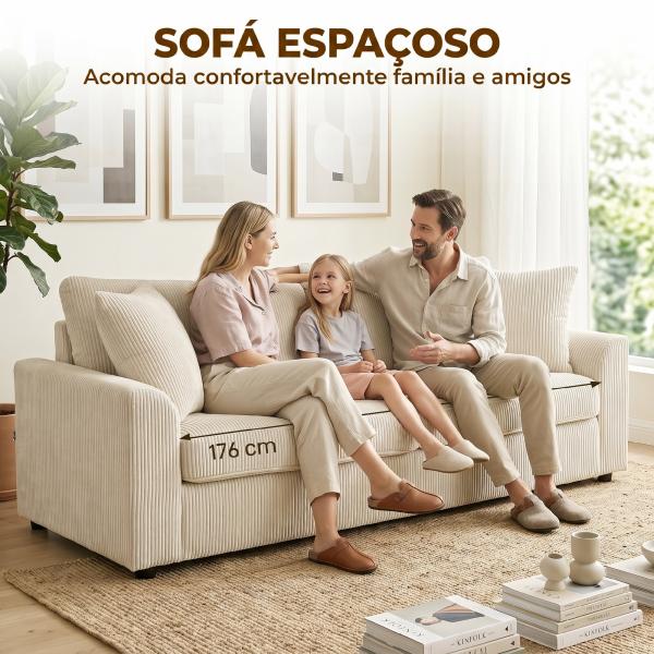 Sofá de 3 Lugares Moderno 212x80x88 cm Sofá Sala de Estar Estofado com 2 Almofadas Apoio de Braços e Estrutura de Aço Creme