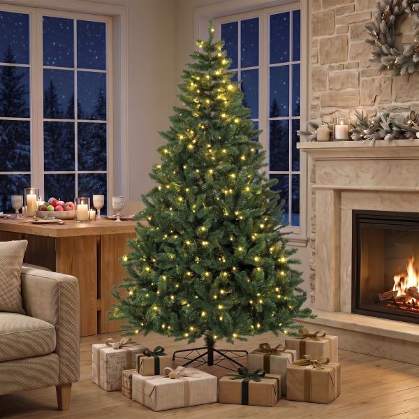 Árvore de Natal 210 cm com 350 Luzes LED, 11 Modos, Controlo Remoto e Base Dobrável em Aço, Verde
