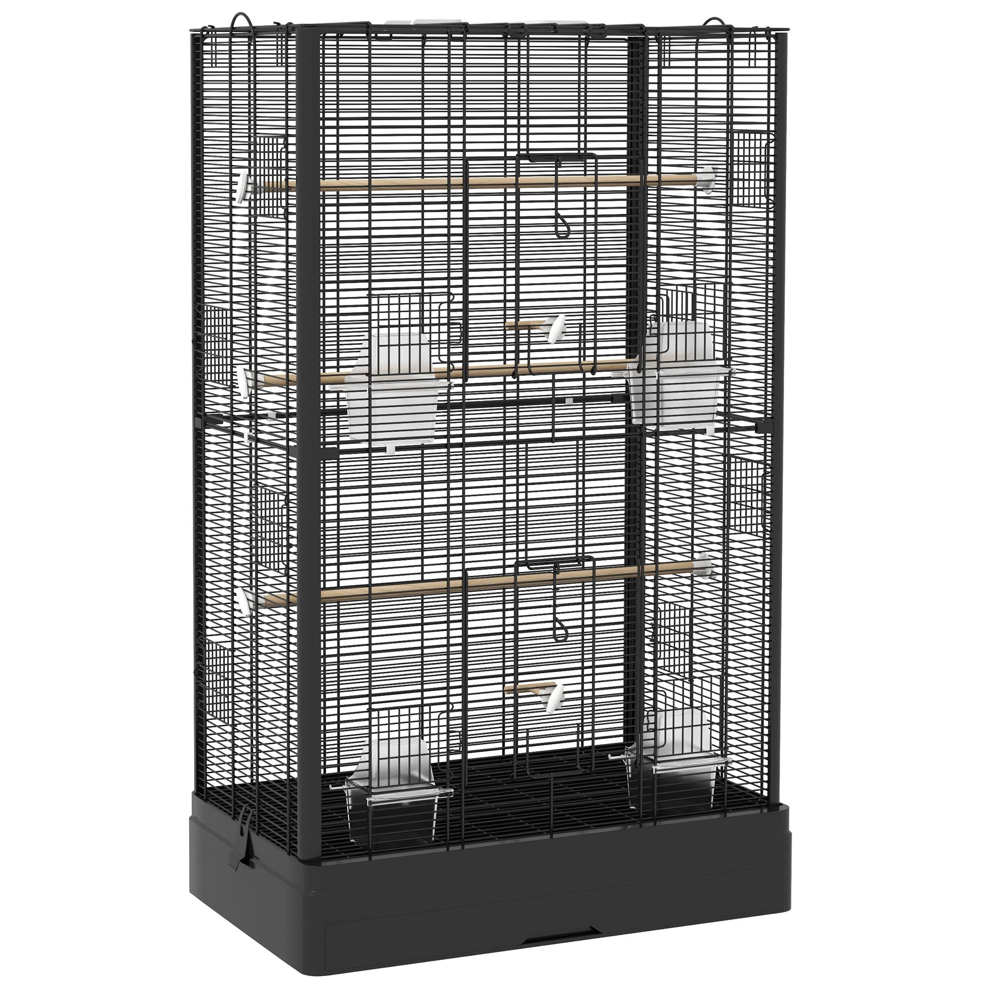 Gaiola para Pássaros 61x36,5x98 cm com Portas Poleiros Bandeja Removível e Alças para Canários Periquitos Preto