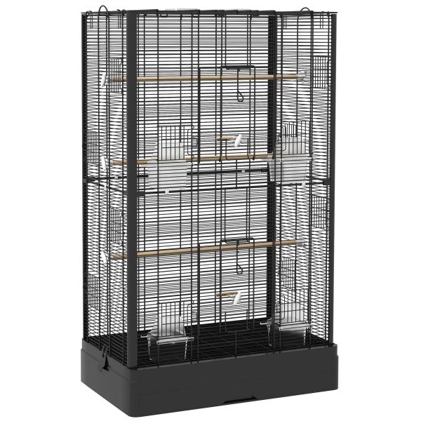 Gaiola para Pássaros 61x36,5x98 cm com Portas Poleiros Bandeja Removível e Alças para Canários Periquitos Preto